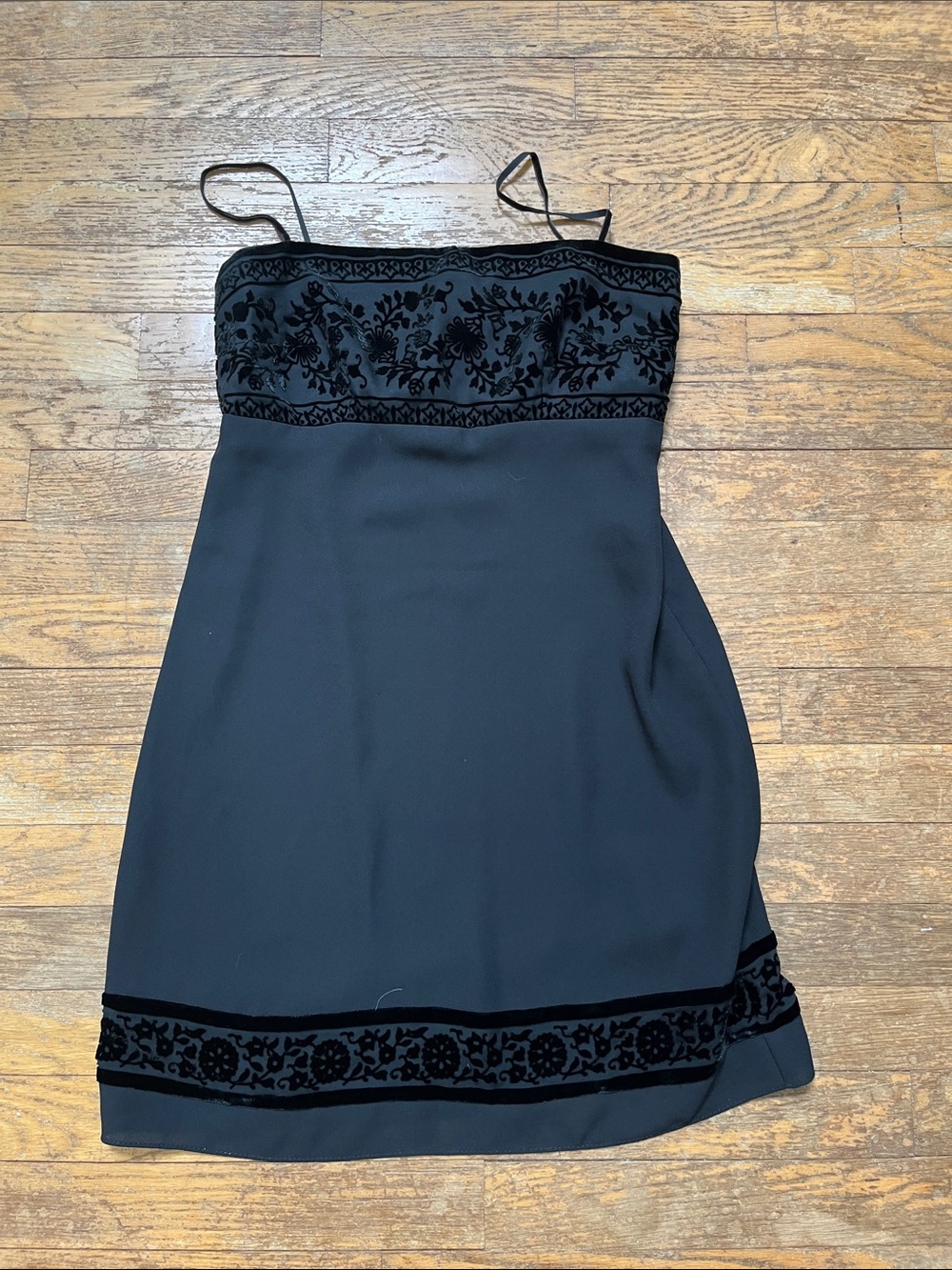 90s Vintage Laundry Black Mini Dress with Embossed Velvet Trim